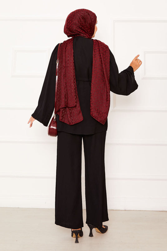 Zweiteiliges Kimono-Set mit Tunnelzug und Gürtel in Schwarz