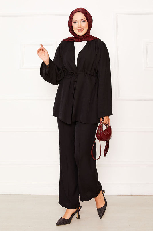 Zweiteiliges Kimono-Set mit Tunnelzug und Gürtel in Schwarz