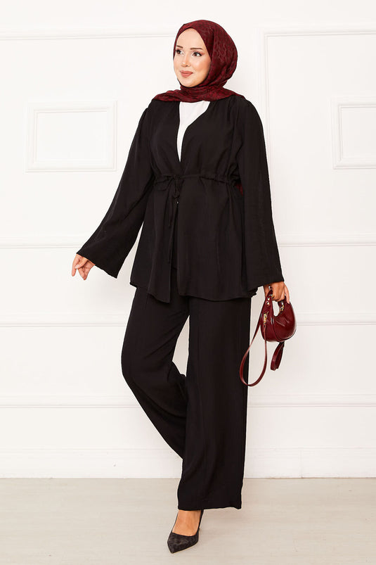 Beli Tünel Kuşaklı Kimono İkili Takım Siyah