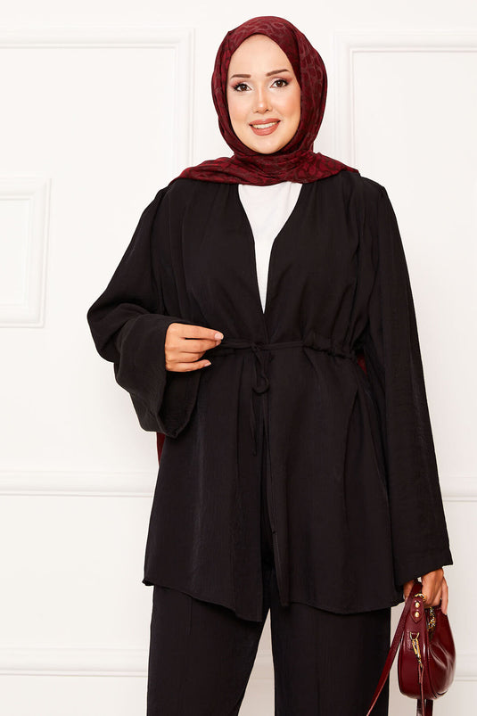 Beli Tünel Kuşaklı Kimono İkili Takım Siyah