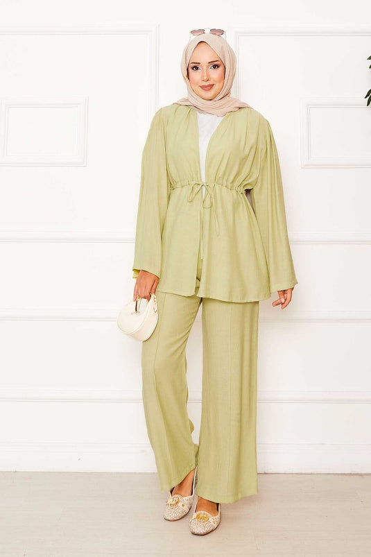 Waist Tunnel Belted Kimono Two Piece Set Oil Green