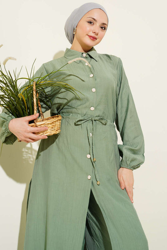 Buy Long Tunic Set with Buttoned Tulle in Pistachio Green