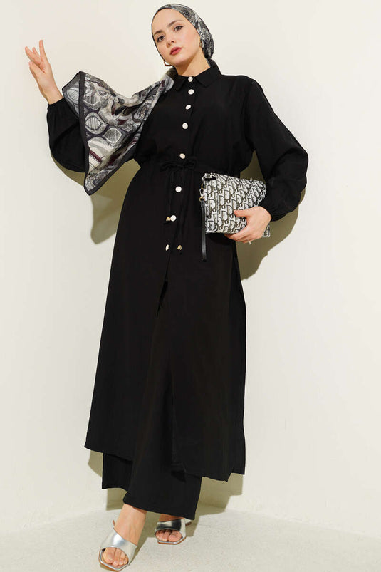 Ensemble deux pièces tunique longue à boutons avec tulle noir