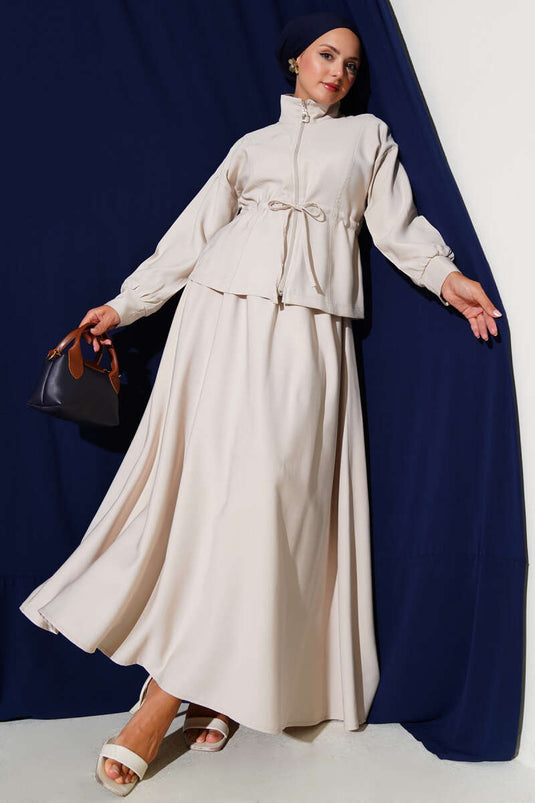 Beli Tünelli Etekli Tensel İkili Takım Bej