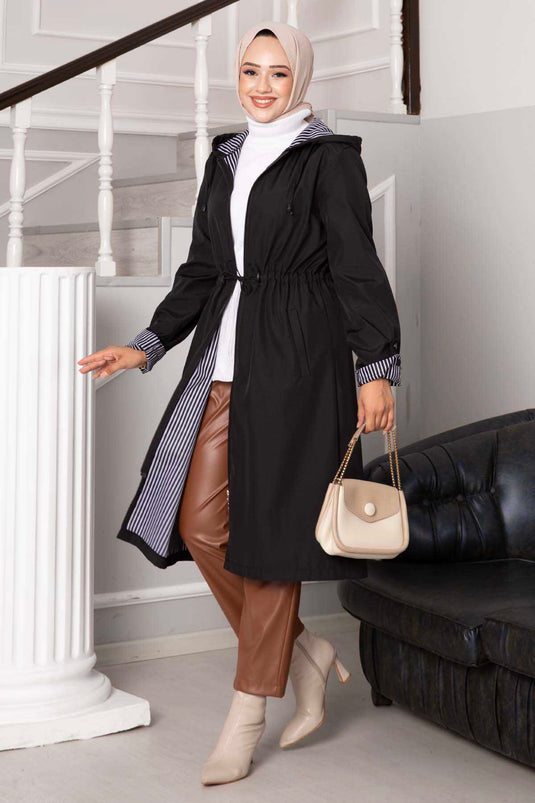 Black Oversized Trench Coat with Zipper by Beli Tünelli