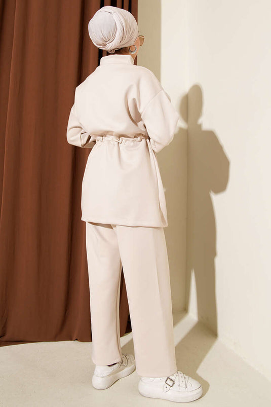 طقم غوص بيج من قطعتين بخصر نفق وسحاب