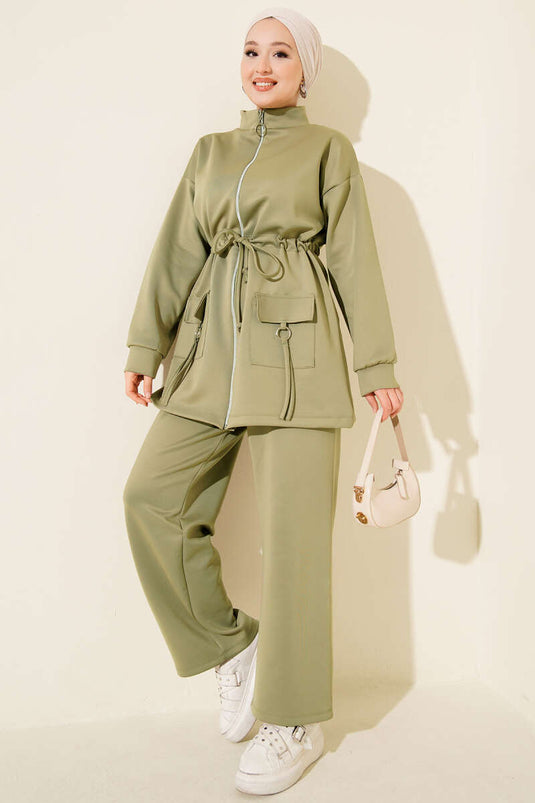 طقم غوص من قطعتين بخصر نفق وسحاب، أخضر فاتح