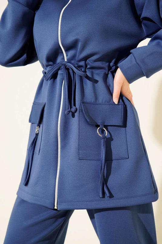 طقم غوص أزرق داكن من قطعتين بخصر نفق وسحاب