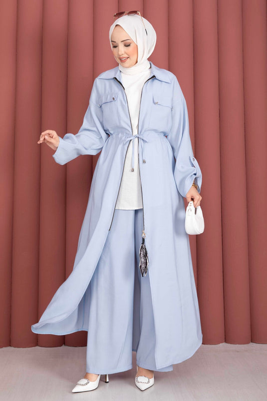 Beli Tünelli Fermuarlı Tunik Pantolon Takım Bebe Mavisi