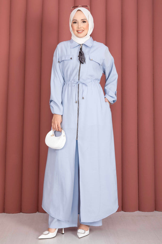 Beli Tünelli Fermuarlı Tunik Pantolon Takım Bebe Mavisi