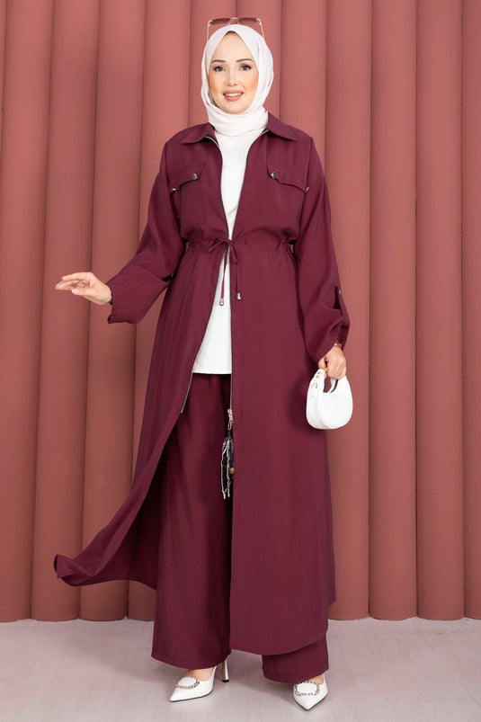 Beli Tünelli Fermuarlı Tunik Pantolon Takım Bordo