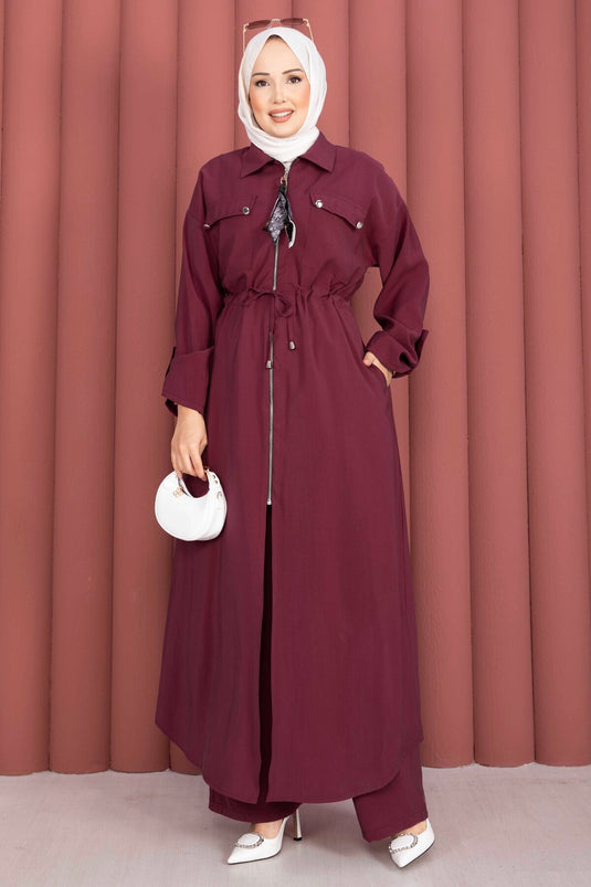 Beli Tünelli Fermuarlı Tunik Pantolon Takım Bordo