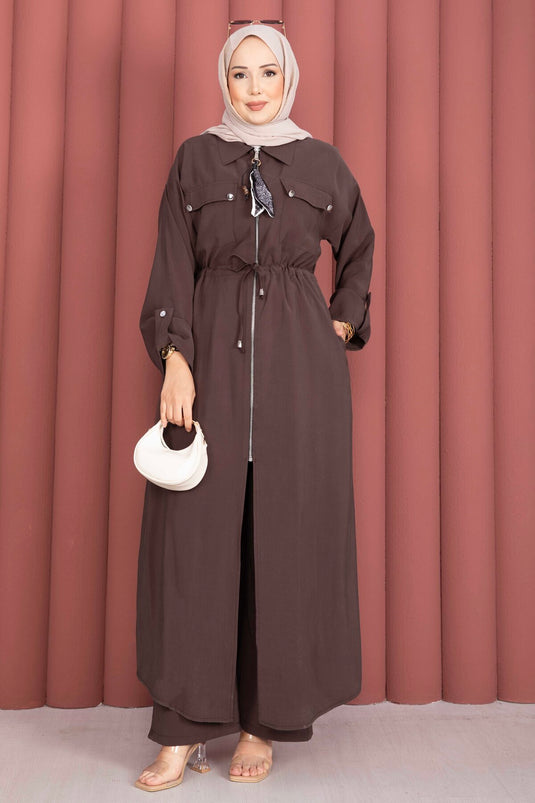 Beli Tünelli Fermuarlı Tunik Pantolon Takım Kahve