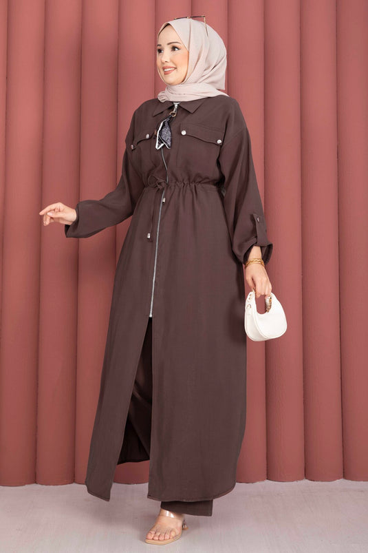 Beli Tünelli Fermuarlı Tunik Pantolon Takım Kahve