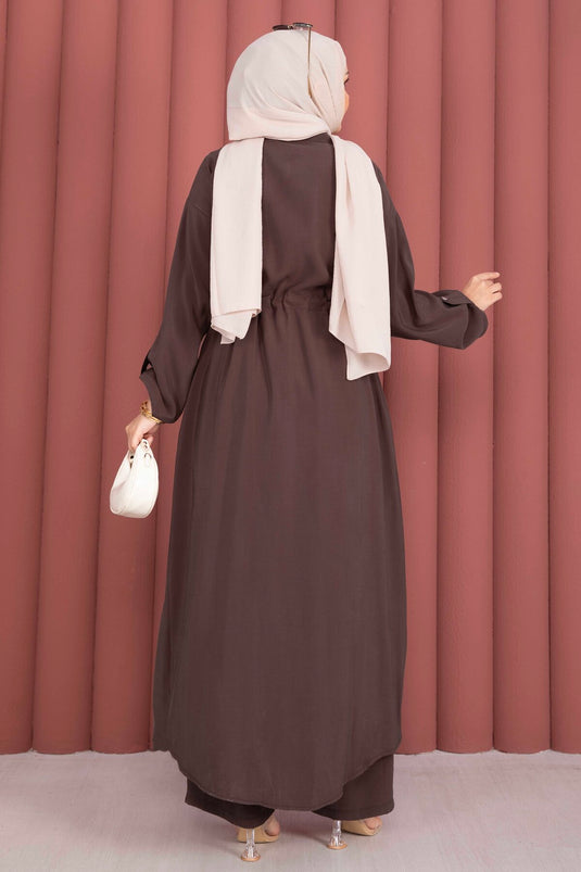 Beli Tünelli Fermuarlı Tunik Pantolon Takım Kahve