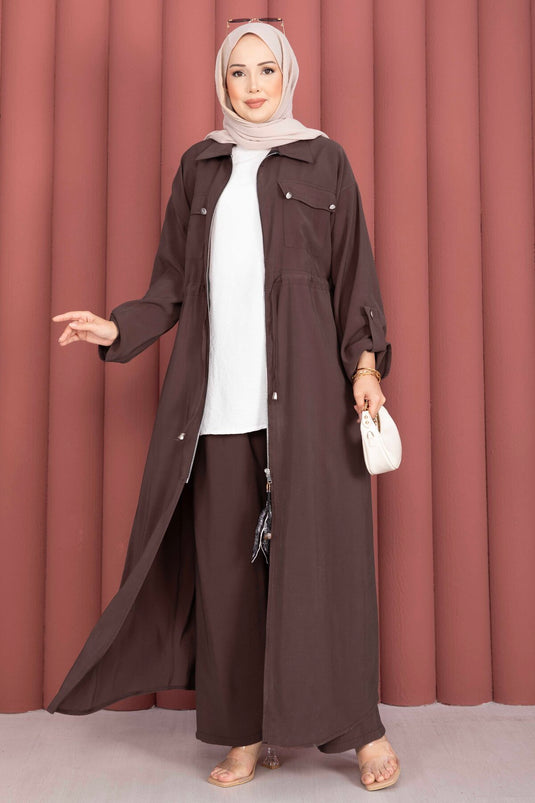 Beli Tünelli Fermuarlı Tunik Pantolon Takım Kahve