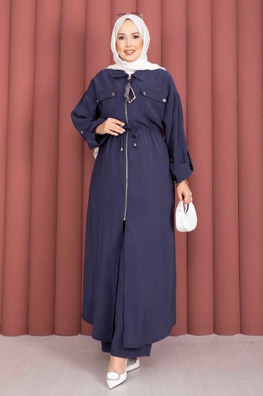Beli Tünelli Fermuarlı Tunik Pantolon Takım Lacivert