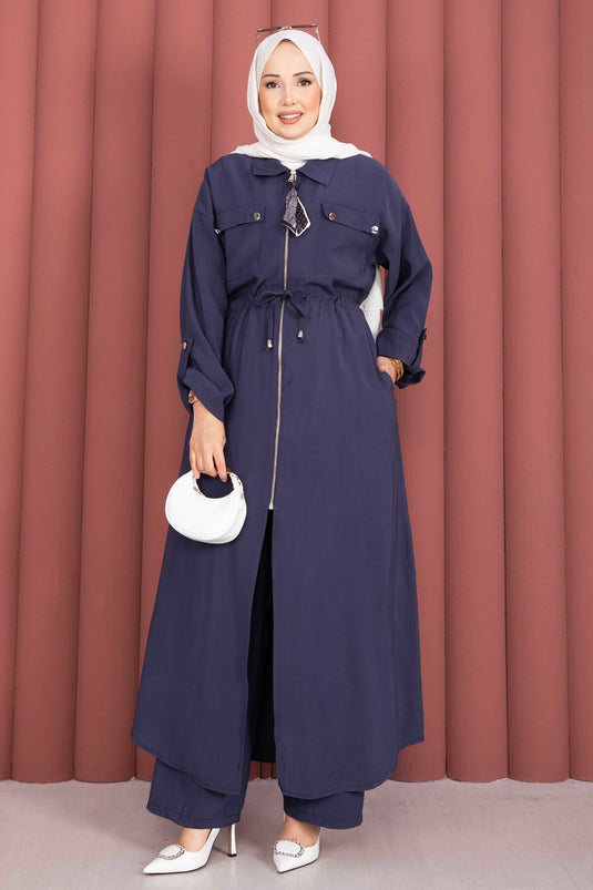 Beli Tünelli Fermuarlı Tunik Pantolon Takım Lacivert