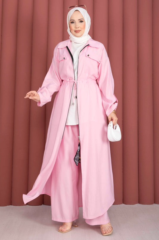 Beli Tünelli Fermuarlı Tunik Pantolon Takım Pembe