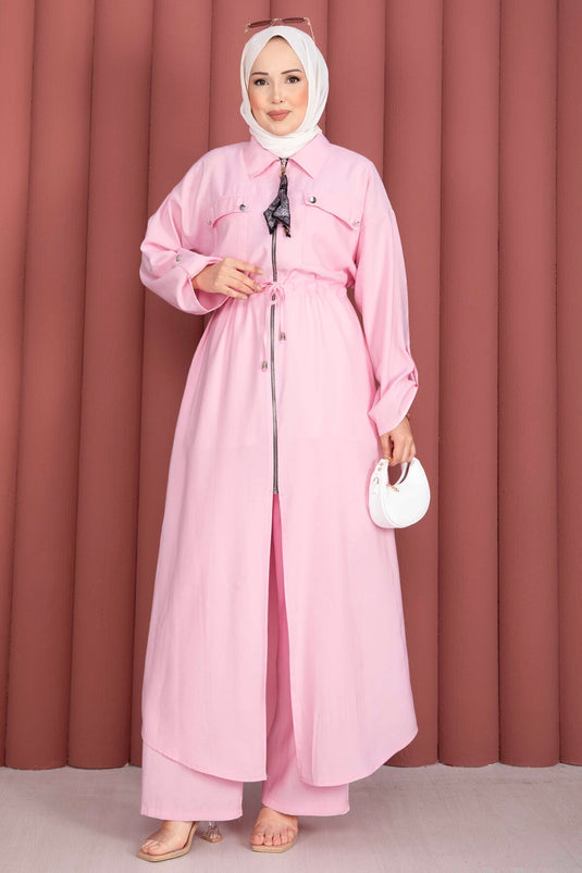 Beli Tünelli Fermuarlı Tunik Pantolon Takım Pembe