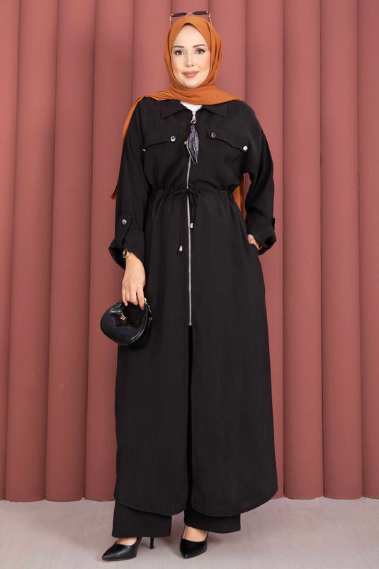 Beli Tünelli Fermuarlı Tunik Pantolon Takım Siyah