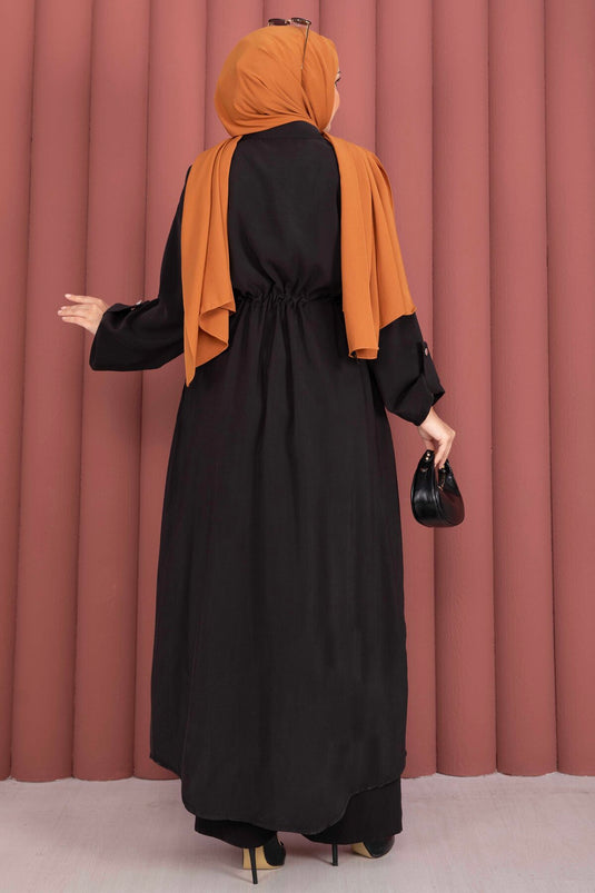 Beli Tünelli Fermuarlı Tunik Pantolon Takım Siyah