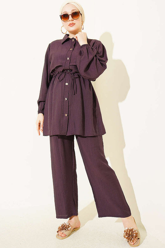 Belted Shirt Collar Two-Piece Set In Warm Brown