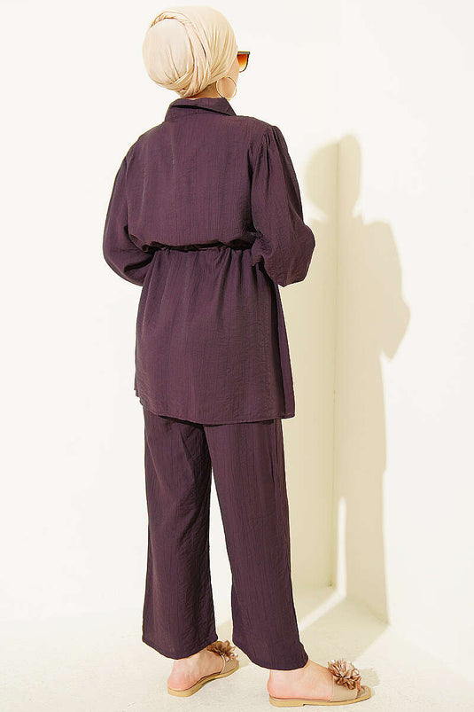 Belted Shirt Collar Two-Piece Set In Warm Brown