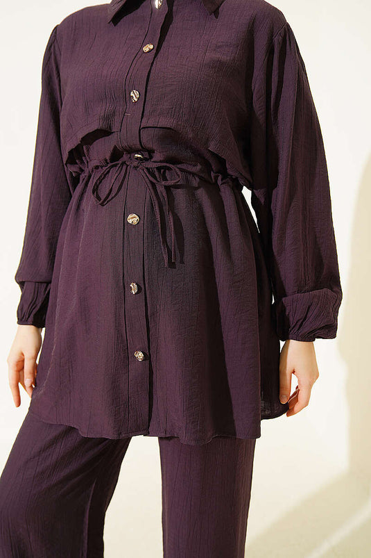 Belted Shirt Collar Two-Piece Set In Warm Brown