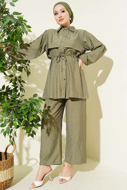 Acheter ensemble double col chemise à maille kaki