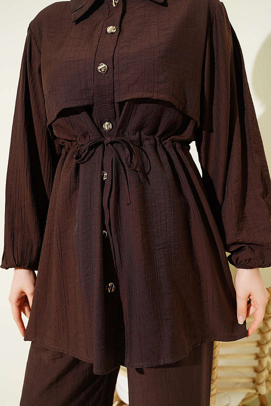 Ensemble double avec chemise à col tunique, couleur café