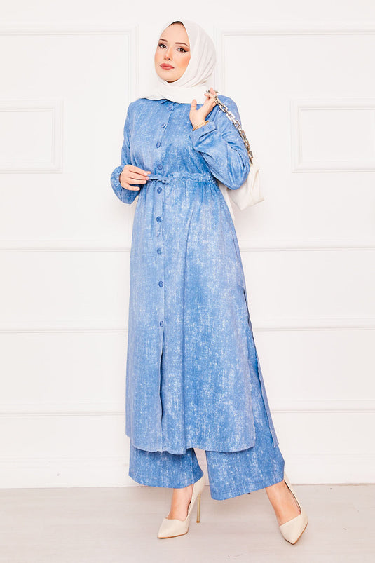 Beli Tünelli İkili Tunik Tesettür Takım Açık Mavi