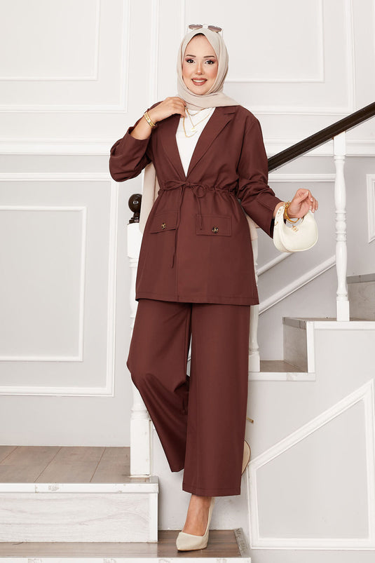 Ensemble veste à manches pliables et taille tunnel marron