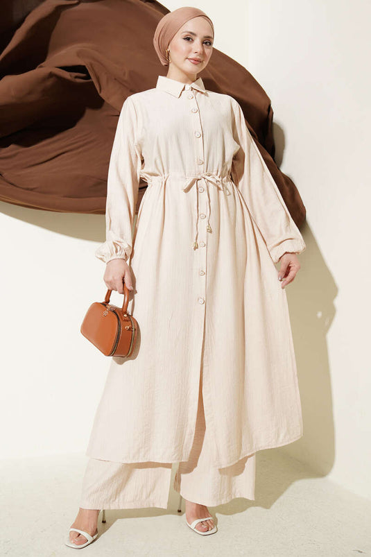 Completo doppio con tunica lunga a collo alto beige