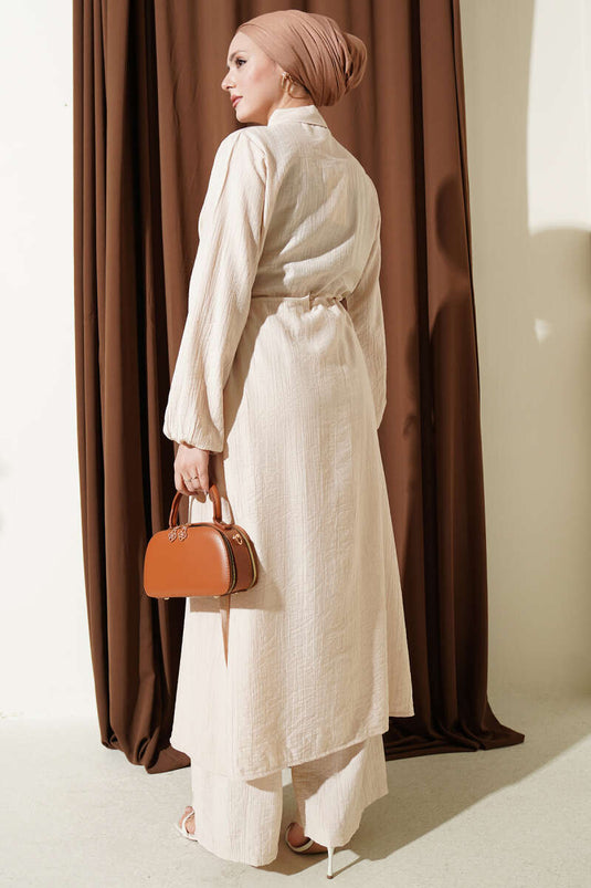 Completo doppio con tunica lunga a collo alto beige