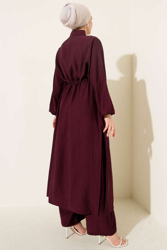 طقم ثنائي بورجوندي بتونيك طويل وياقة مدورة