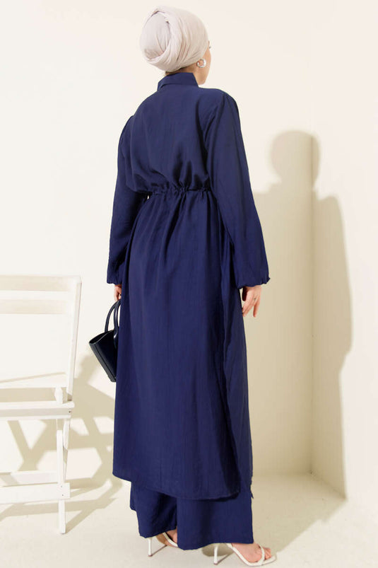 Conjunto doble con túnica larga de punto azul marino