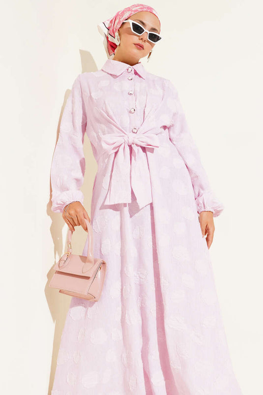 Benekli Yarım Düğmeli Elbise Pembe