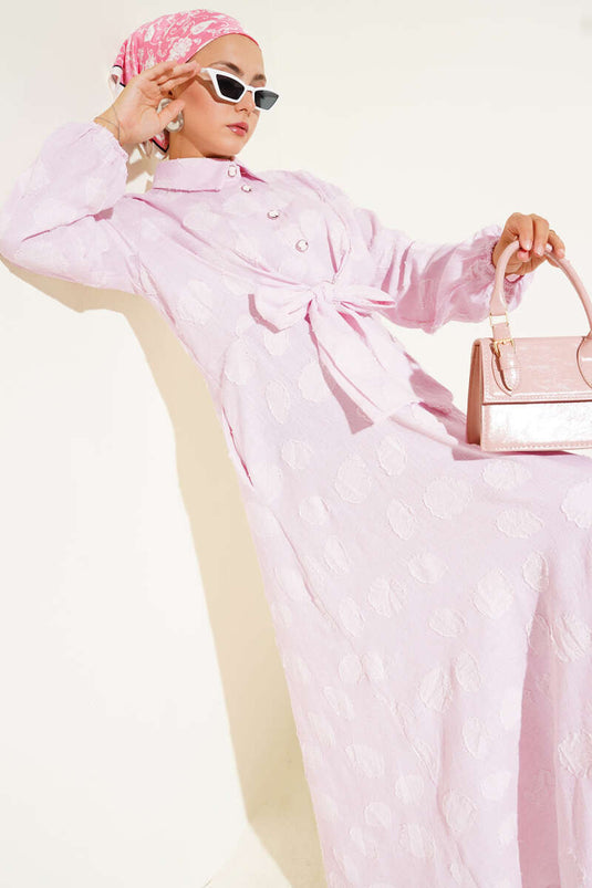 Benekli Yarım Düğmeli Elbise Pembe