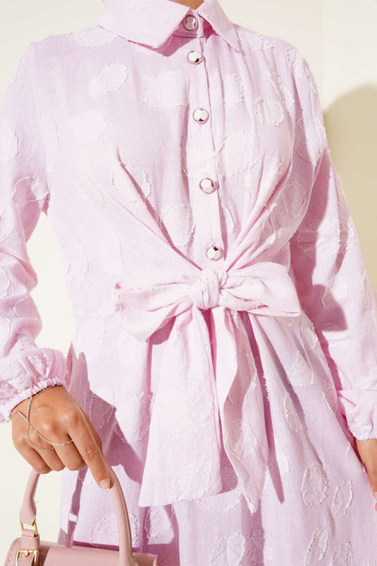 Benekli Yarım Düğmeli Elbise Pembe