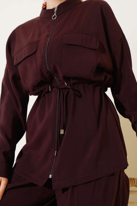 طقم من قطعتين بسحاب على الخصر، بني مر