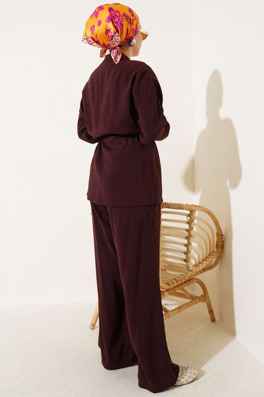 طقم من قطعتين بسحاب على الخصر، بني مر