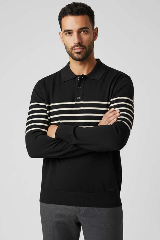 Pull polo rayé blanc pour homme, col polo, noir