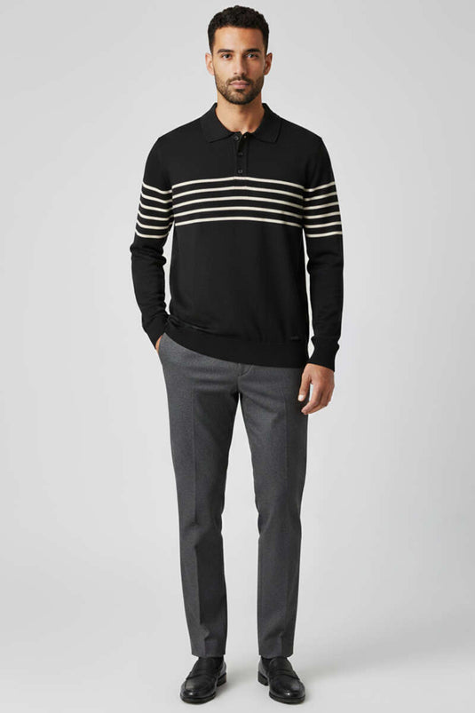 Herren-Strickpullover mit weißem Streifen und Polokragen, Schwarz