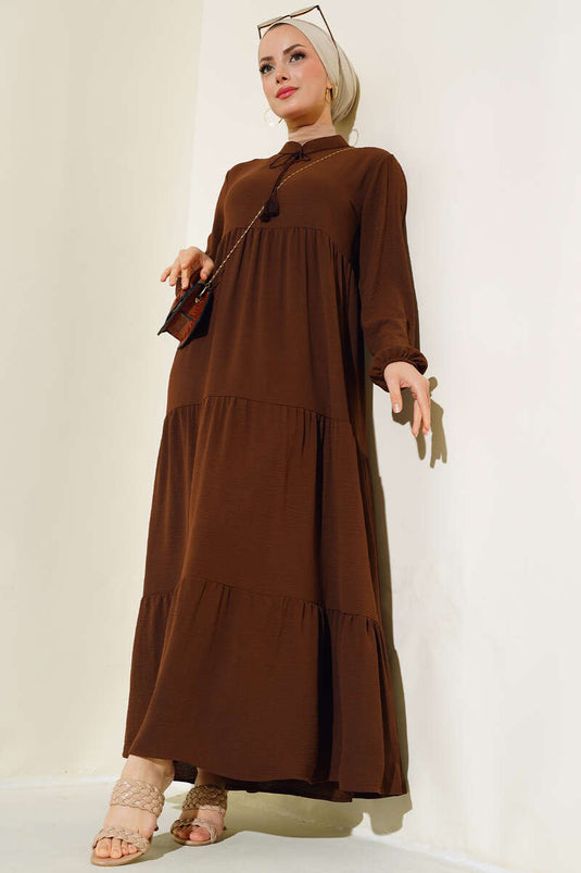 Layered Dress with Tie Collar Brown