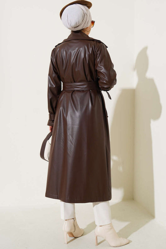 Trench-Coat En Cuir Avec Ceinture Marron