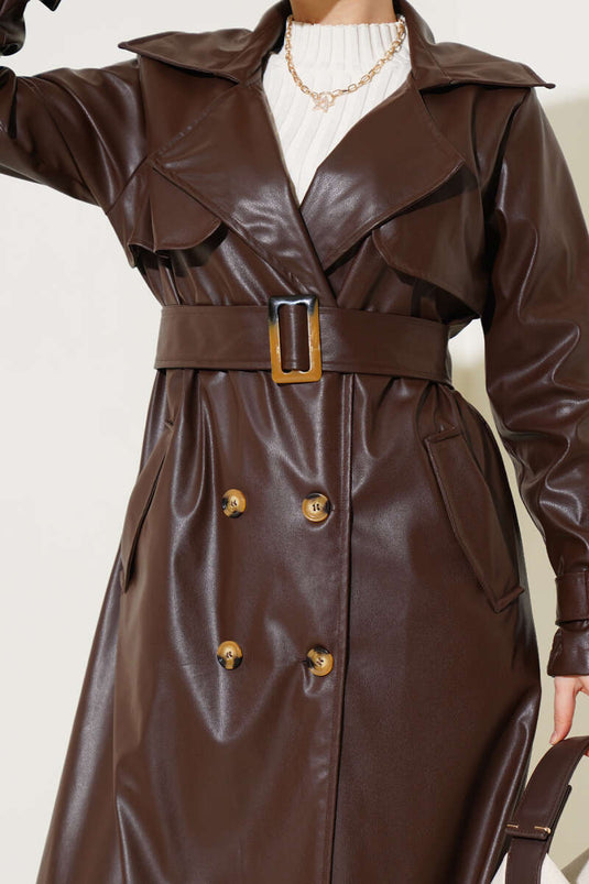 Trench-Coat En Cuir Avec Ceinture Marron