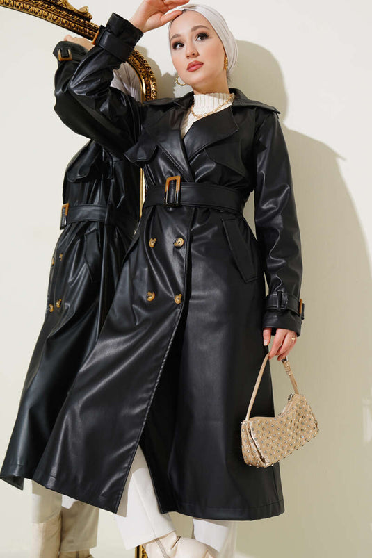 Belted Leather Trench Coat Black