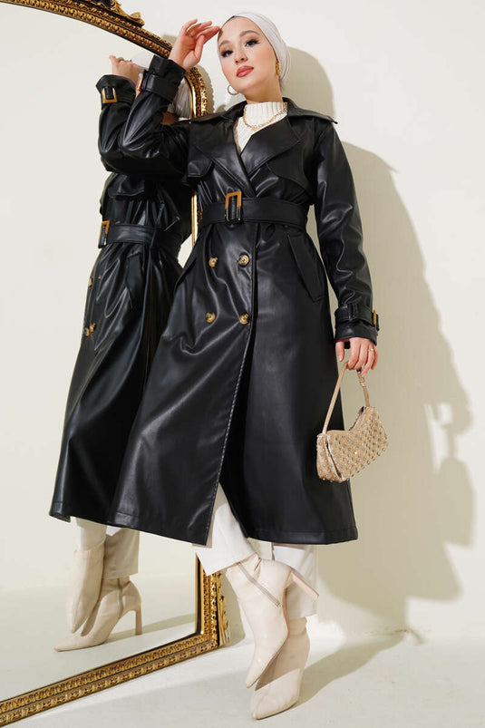 Belted Leather Trench Coat Black