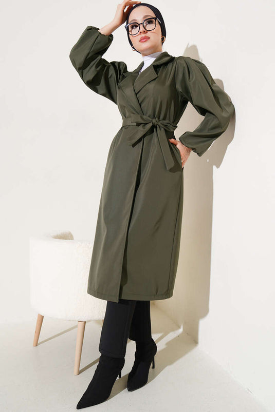 Wrist Elastic Belted Trench Coat Khaki